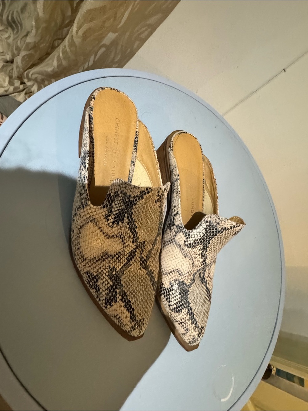 Chinese Laundry Snake-Print Pointed Slip-On Mules in Beige and Black